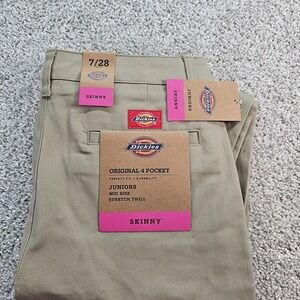 Dickies Juniors Size 7/28 Khaki Denim Low-Rise‎ Work Skinny Jeans Stretch NWT